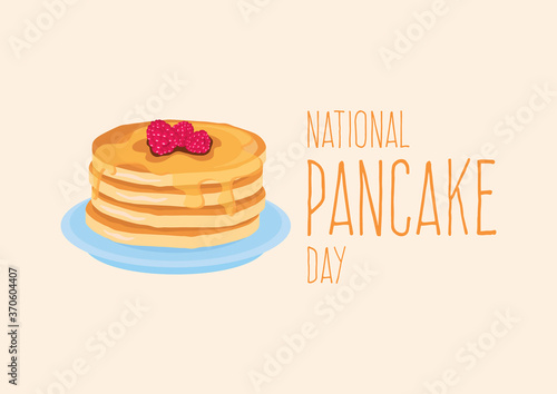 National Pancake Day vector. Pancakes with syrup and raspberries vector. Pile of pancakes on a plate icon. Important day