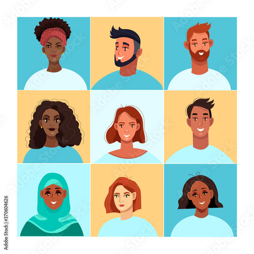 Zoom video conference illustration with diverse peoples’ faces. Group video call concept in flat style with black, white, muslim men and women. Zoom business communication poster with avatars