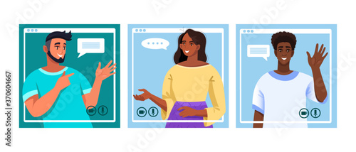 Virtual meeting vector illustration with young smiling people communicating online. Video call concept in flat style with talking freelancers. Virtual meeting banner with team working in internet