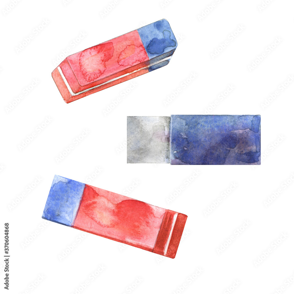 Watercolor set of erasers. Hand drawn stationery to correct mistakes