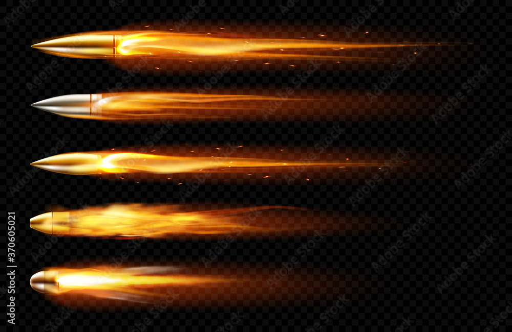 Flying bullets with fire and smoke traces. Vector realistic set of fired bullets different calibers fired from weapon, gun or pistol with smoke trail isolated on transparent background - obrazy, fototapety, plakaty 