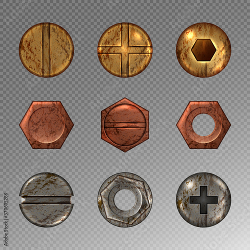 Old screw and nail heads set, steel, copper and brass metal bolts, rusty rivets hardware yellow, red and grey caps top view isolated on transparent background. Realistic 3d vector illustration, icons