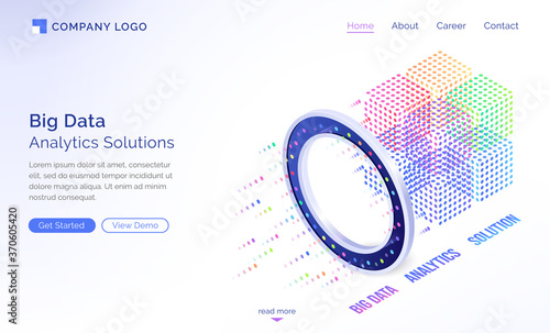 Big data analytics solutions isometric landing page, information technology concept, info blocks flow through luminous circle, datum traffic analysis, server room with connections 3d vector web banner