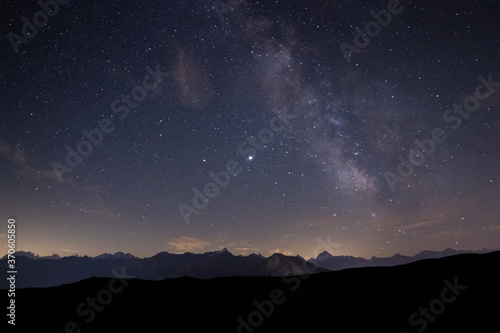 Night sky over mountain panorama with 9 four-thousand-metre peaks (incl Matterhorn)