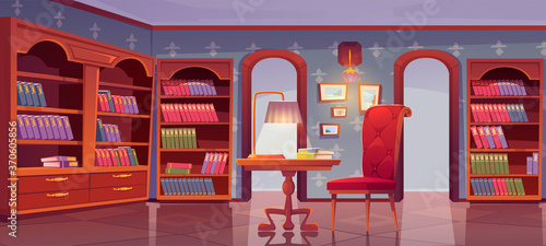 Vip library, luxury interior, empty room for reading with books stand on wooden bookcase shelves, cozy armchair and table with glowing lamp in center of athenaeum place. Cartoon vector illustration