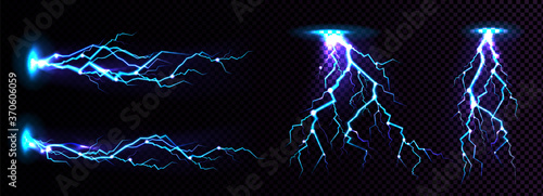 Photo Electric lightning strike, impact place, plasma or magical energy flash in blue color isolated on black background