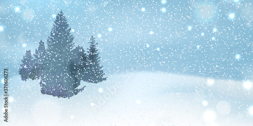 Winter background with flying sparkling snowflakes, snowdrifts and trees.Vector illustration