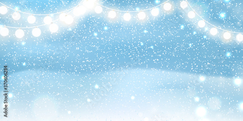 Christmas background with glittering sparkling snowflakes, snowdrifts and garland.Winter landscape.Vector illustration