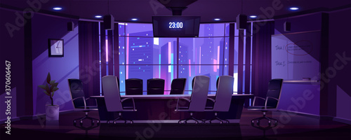 Conference room for business meetings, presentation for team, discussion or training at night. Vector cartoon interior of empty dark boardroom in company office with table, chairs, screen and board