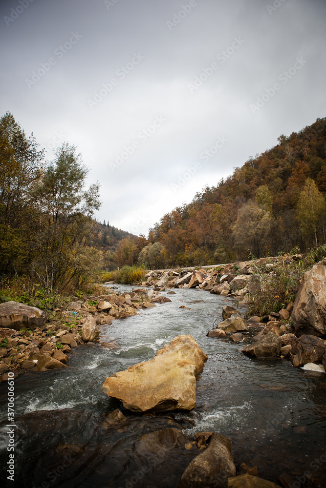 small river and road among the autumn forest in the mountains. weekend trip. weekend hike. trip out of town small river and road among the autumn forest in the mountains. weekend trip. weekend hike. trip out of town
