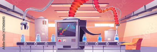 Factory conveyor belt with milk bottles and robotic arms at moving transporter production line. Dairy products manufacture, automation, smart industrial robot assistants. Cartoon vector illustration