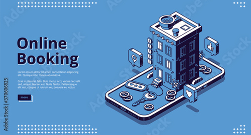 Online booking isometric landing page, room reservation service, hotel building, apartment keys, coins and rating stars on mobile phone screen, internet technologies 3d vector line art web banner