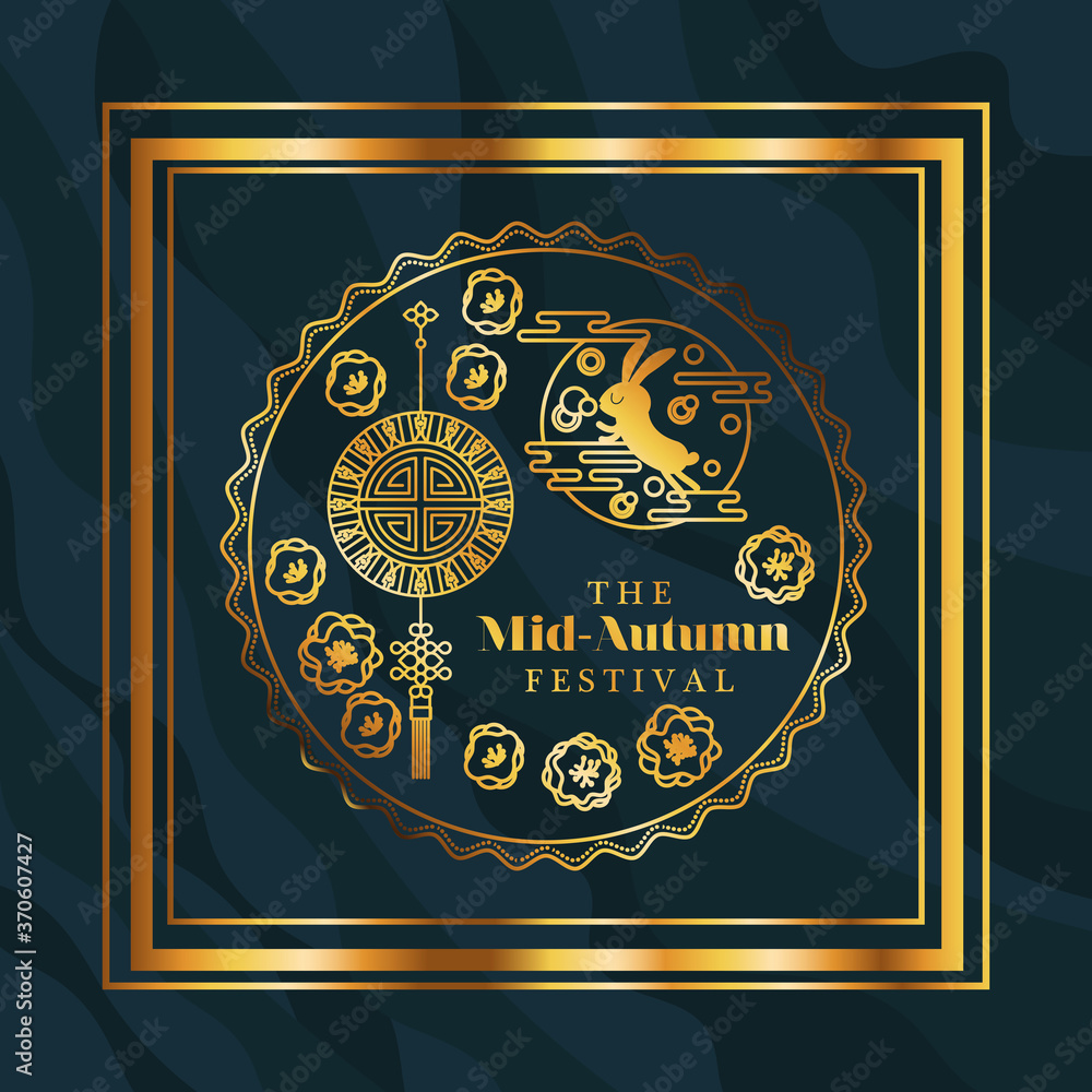 Mid autumn festival with rabbit hanger and seal in gold frame on blue background design, Oriental chinese and celebration theme Vector illustration
