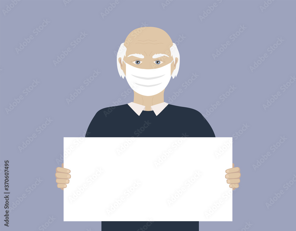 Old man demonstrate wearing a mask and holding a blank sign illustration Old man demonstrate wearing a mask and holding a blank sign illustration