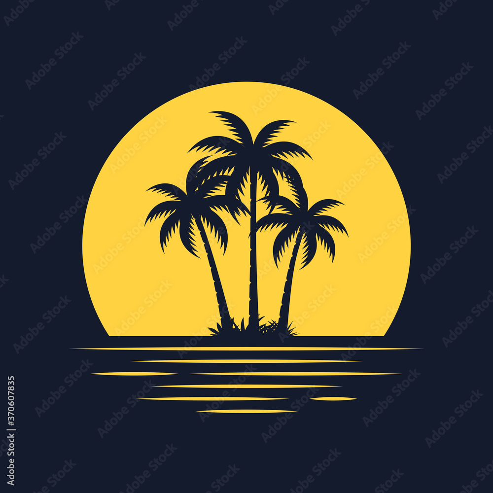 Graphic illustration design expressing palm trees and waves in the moon floating on the beach with the theme of summer night