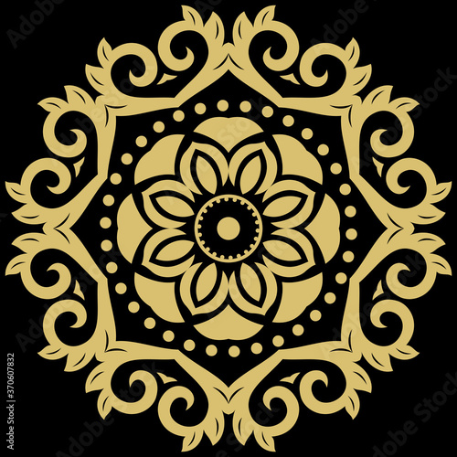Oriental vector pattern with arabesques and floral elements. Traditional classic round golden ornament. Vintage black and golden pattern with arabesques