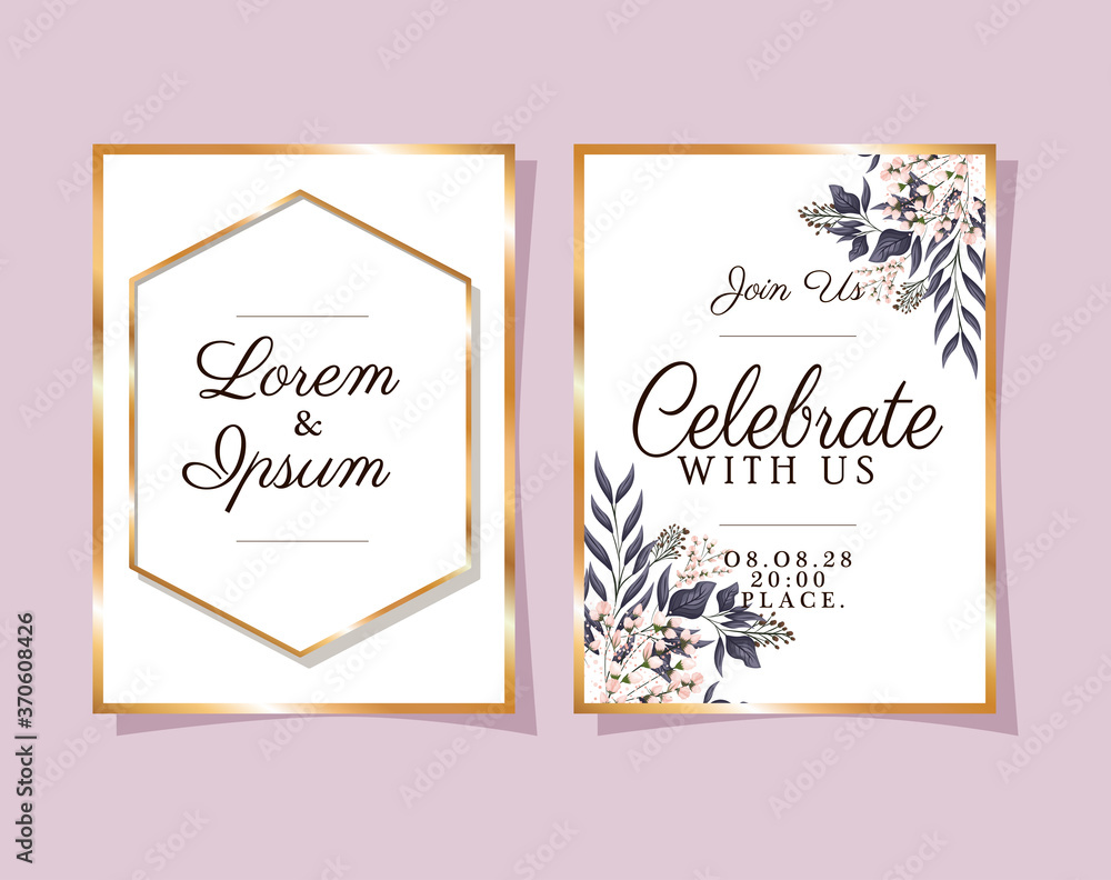 two wedding invitations with gold frames flowers and leaves on pink background design, Save the date and engagement theme Vector illustration two wedding invitations with gold frames flowers and leaves on pink background design, Save the date and engagement theme Vector illustration