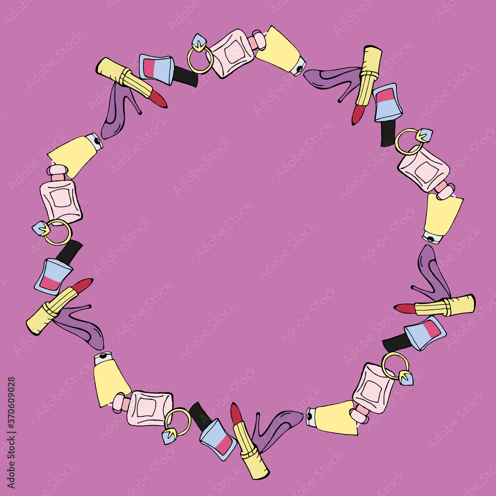 A circle of women's accessories, varnish, bag, lipstick, perfume. For the design of the post, theme, page A circle of women's accessories, varnish, bag, lipstick, perfume. For the design of the post, theme, page
