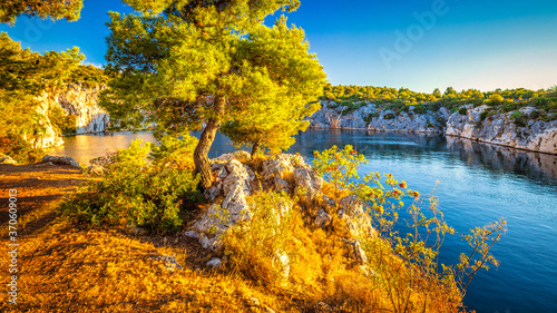 The Zmajevo oko, Dragon's Eye lake at sunset. The Rogoznica village, a popular tourist destination on the Dalmatian coast of Adriatic sea in Croatia, Europe.