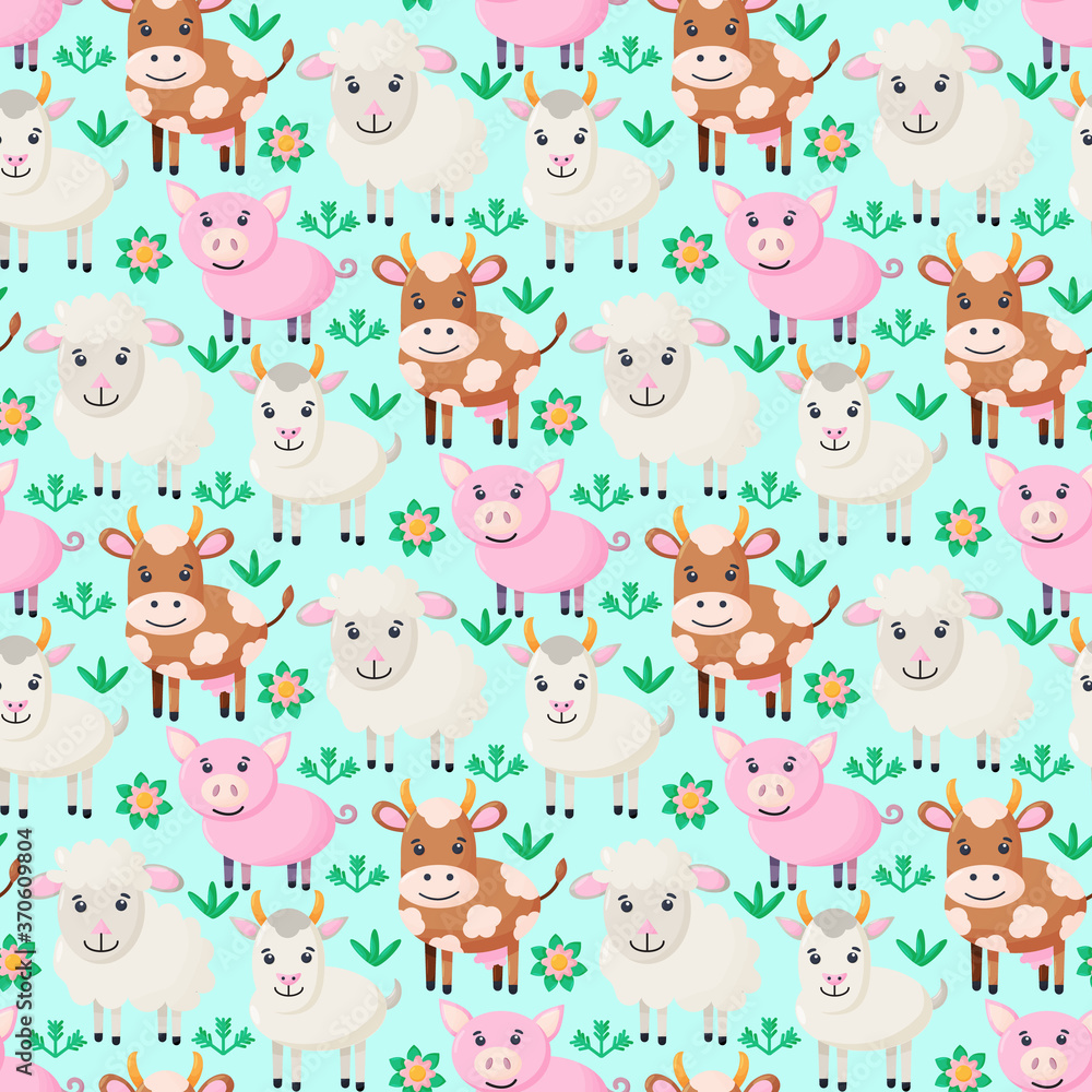 Farm animals seamless pattern. Collection of cartoon cute baby animals. goat, pig, sheep, cow. 