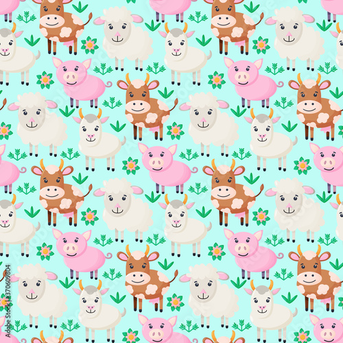 Fototapeta Naklejka Na Ścianę i Meble -  Farm animals seamless pattern. Collection of cartoon cute baby animals. goat, pig, sheep, cow. 