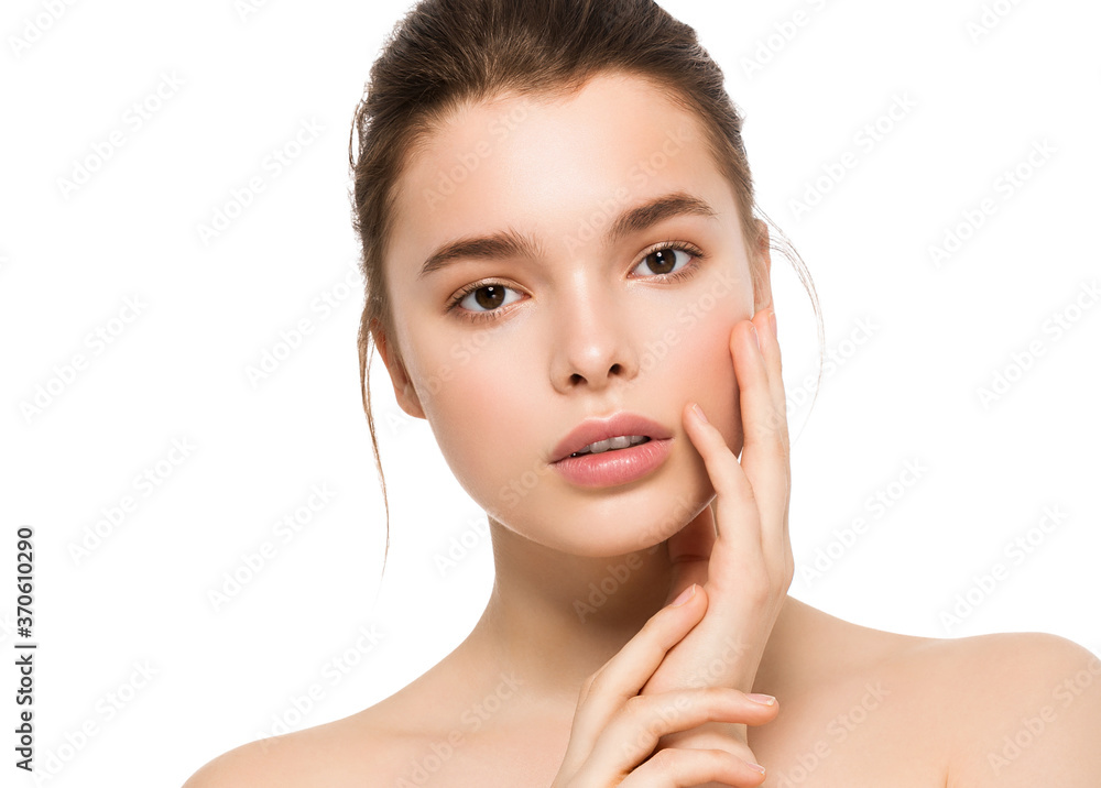 Beauty female face woman hand touching skin healthy care natural make up fashion young spa model Beauty female face woman hand touching skin healthy care natural make up fashion young spa model