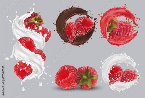 3D realistic raspberry in milk splash and chocolate splash. Juice raspberry with drops. Fresh red raspberry on transparent background. Organic berries.Detailed vector illustration.
