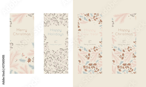 Vector Merry Christmas vertical banners template on light background. Winter sale fair pattern. New Year seasonal celebration greeting card. Pinecone Xmas branches with frame leaf isolated fir