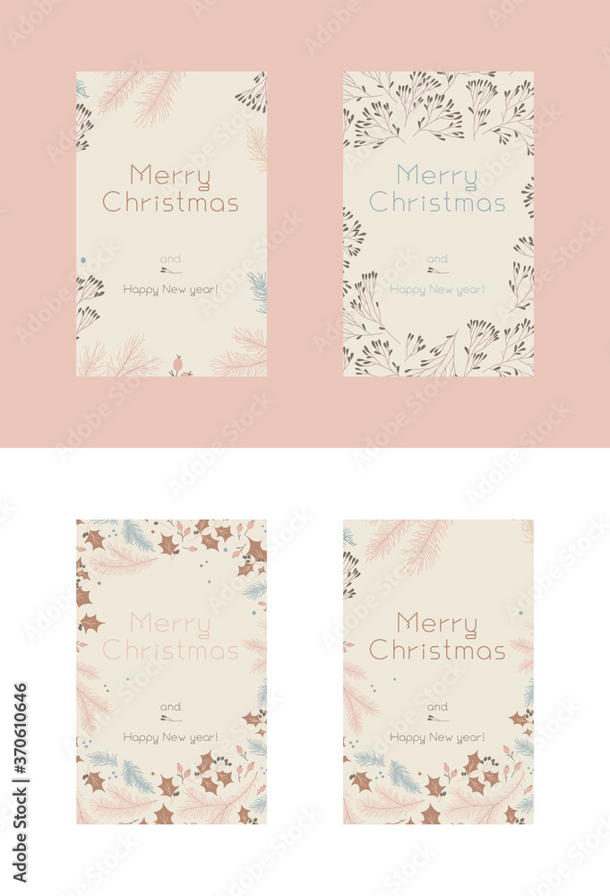 Vector Merry Christmas vertical banners template on light background. Winter sale fair pattern. New Year seasonal celebration greeting card. Pinecone Xmas branches with frame leaf isolated fir
