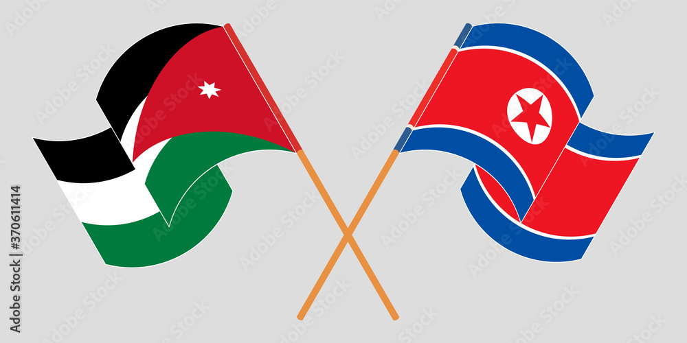 Crossed and waving flags of Jordan and North Korea
