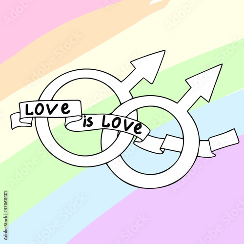 Vector collection of LGBTQ community symbols with pride flags, rainbow colored. Hand written pride, love, peace lettering with rainbow. Gay parade slogan drawn by lines. LGBT 