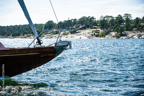 bow on classic wood yacht
