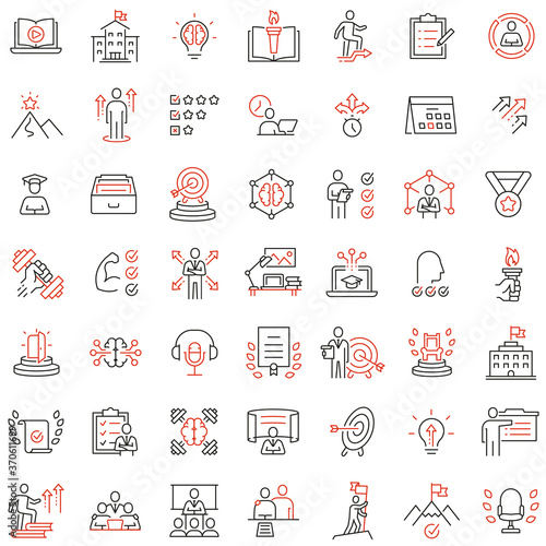 Vector set of linear icons related to skills, empowerment leadership development and qualities of a leader. Mono line pictograms and infographics design elements
