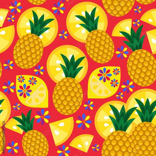 Seamless pattern with pineapple, flowers, lemon and its slices.