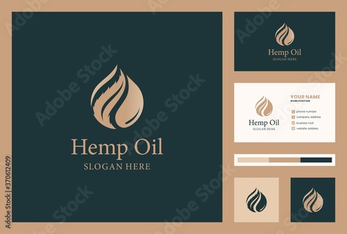 hemp, cannabis, cbd, oil logo design with business card premium vector.