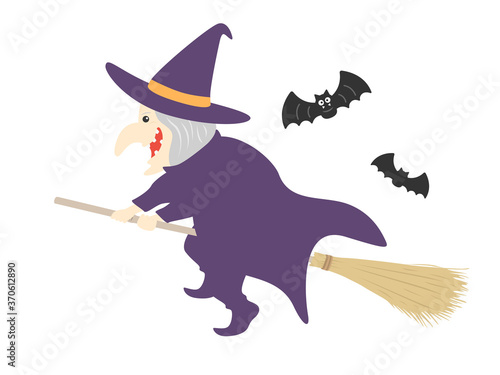 ホウキにのって飛ぶ、魔女のイラスト