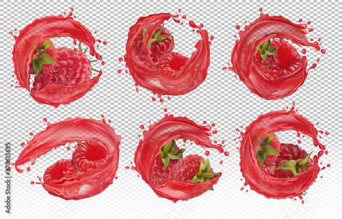 3D realistic fresh raspberry on with splash liquid on transparent background. Red juice raspberry. Summer berries closeup. Detailed vector Illustration