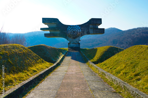 PODGARIC,CROATIA - MAY.10.2020. The Monument to the Revolution of the People of Moslavina in Bjelovar-Bilogora County, central Croatia - a Yugoslavia era world war two memorial
 photo