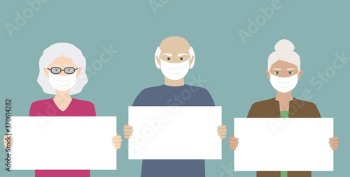 Old people demonstrate wearing face masks and holding blank signs isolated vectors cartoon illustration