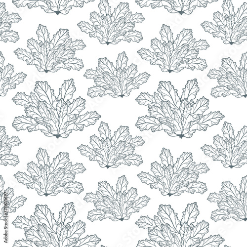 Monochrome seamless floral pattern. Botanical illustration. Brushes of leaves in hand drawn manner on light background. Vector illustration 