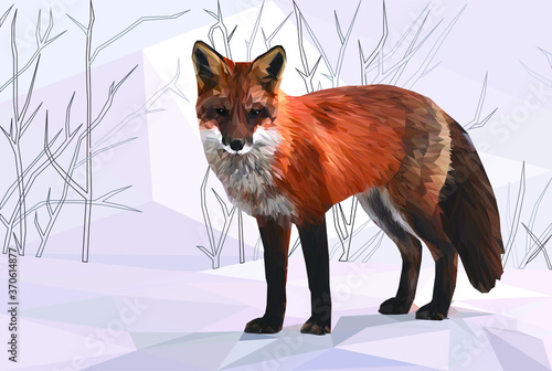 Low Poly illustration of a Red Fox with outlined trees