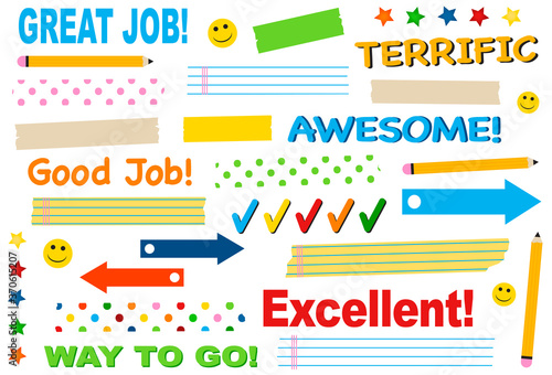 Encouragement washi tape, icons, and symbols. Semi-transparent masking tape or adhesive strips. EPS file has global colors for easy color changes. Words of encouragement. Back to school. 