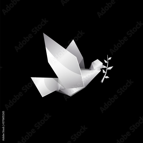 White origami flying dove with branch on black background. Polygonal pigeon logo template.