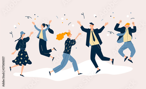 Happy office workers rejoice in victory or a lucrative deal. Happiness, joy expression. Modern flat cartoon illustration.