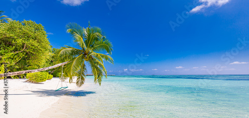 Tropical beach background as summer landscape panorama with beach swing or hammock and white sand and calm sea beach banner. Perfect beach scene vacation or summer holiday concept