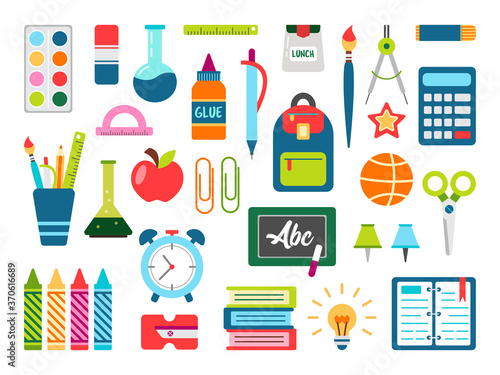 School stuff stationary supplies equipment vector set