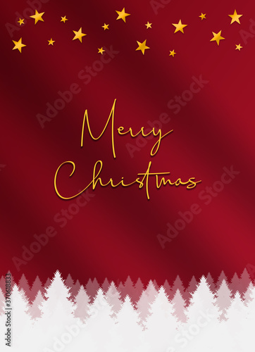 Merry Christmas in gold script on a ruby red card design, with silhouette fir trees on the bottom, and gold star shapes at the top. There is a diagonal gradient offering a smooth wavy  texture © mike