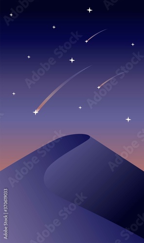 Creative concept vector illustration desert dune sand hill landscape in the sunset sundown dusk night with falling stars in the sky background.