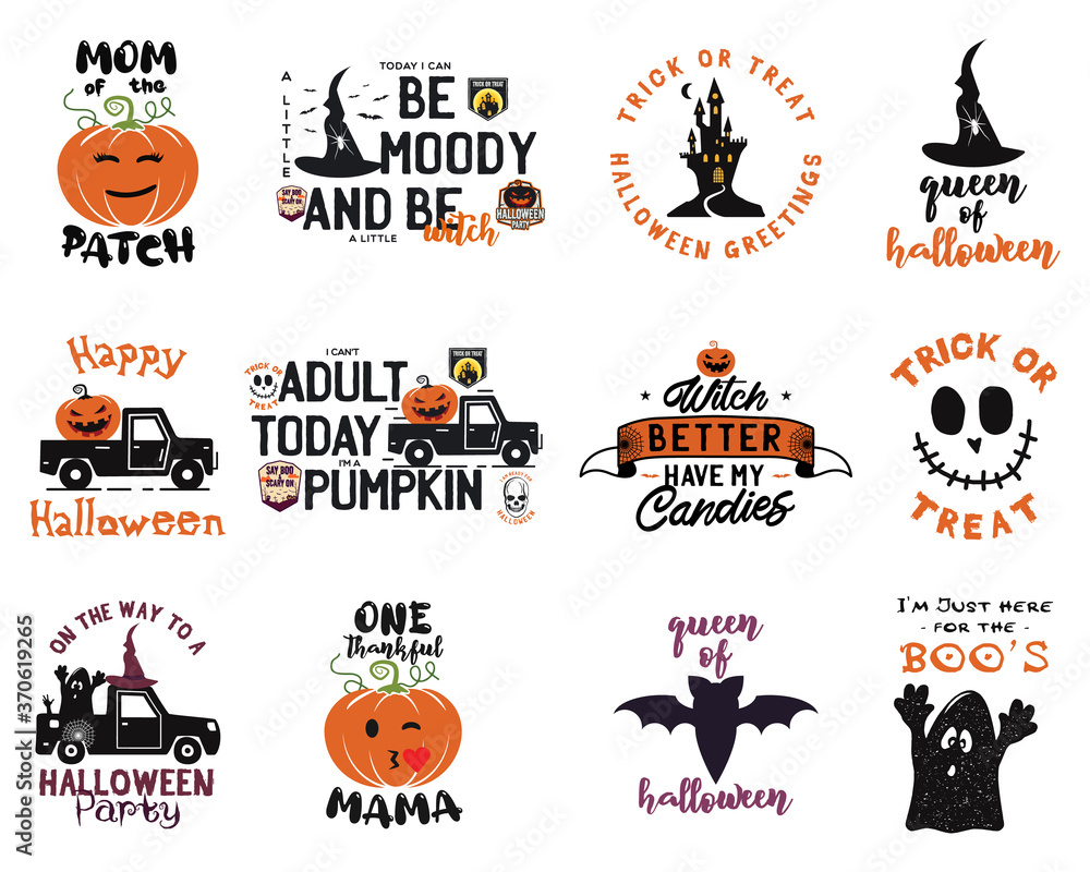Happy Halloween emblems logo bundle. Holiday label designs collection with pumpin, witch, bat and texts. Cute decorations for halloween. Vector badges illustrations set