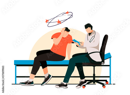 Isolated on white visit to the doctor with dizziness vector illustration. The patient complains of a sore ear design element. Headache, vertigo symptoms in flat cartoon style.